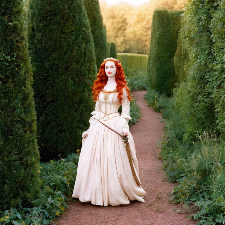 Red-haired woman in white dress and corset strolls garden path with book