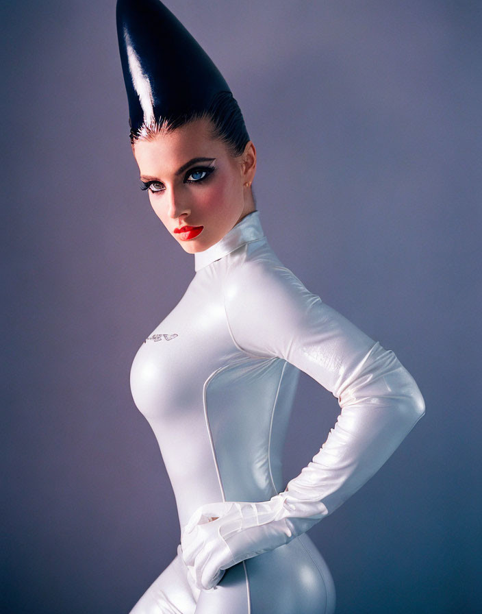 Woman with Dramatic Makeup and High Hairstyle in Tight White Bodysuit