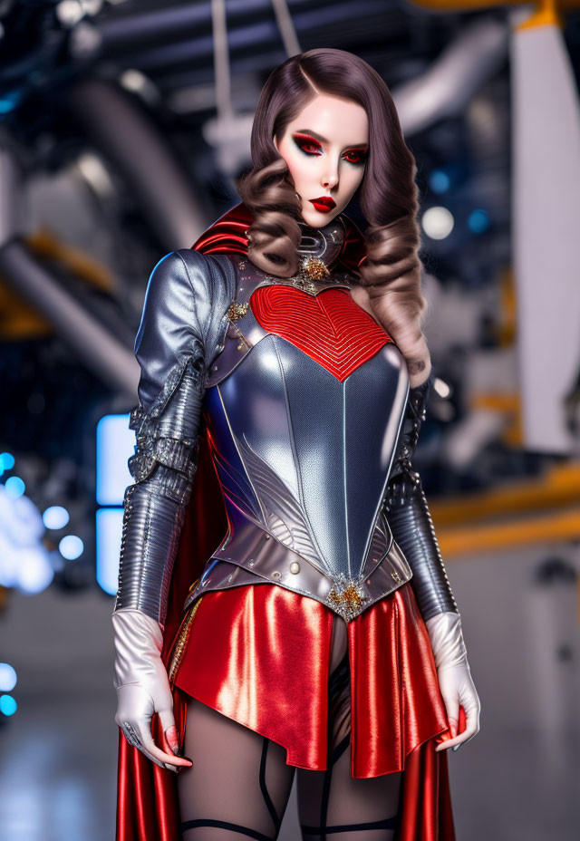 Elaborate superhero costume with metallic armor, red accents, white gloves, bold makeup, and w