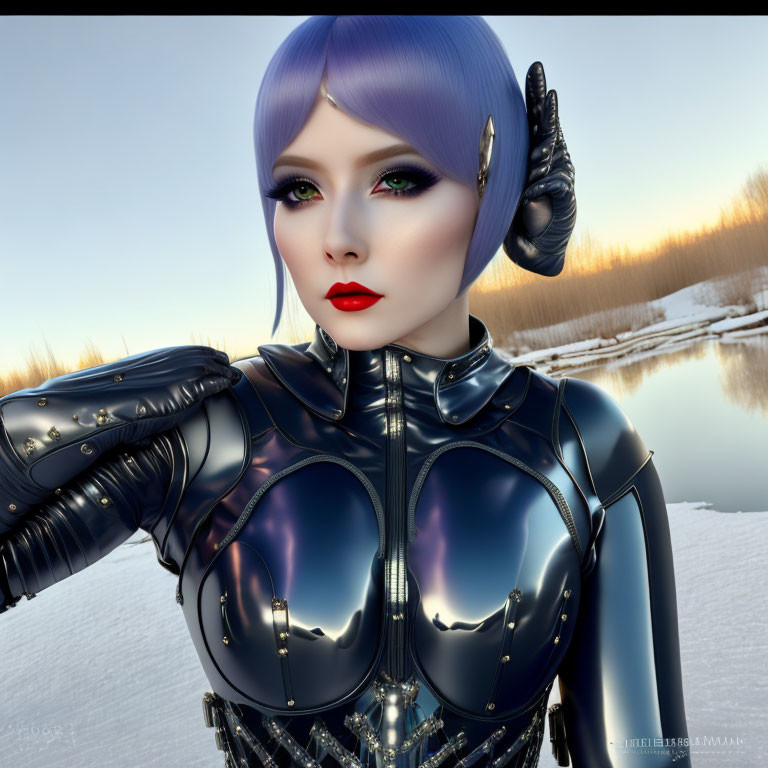 Digital artwork: Female humanoid robot with purple hair, green eyes, black bodysuit in snowy dusk