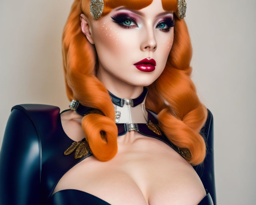 Vibrant orange hair woman with striking makeup and futuristic corset
