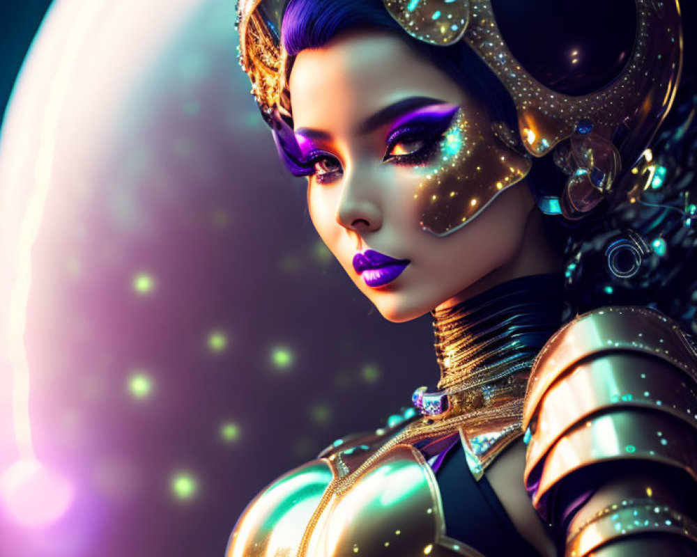 Futuristic woman in sci-fi headgear and golden armor against glowing lights