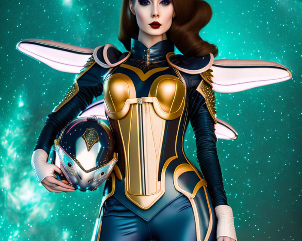 Futuristic female character in space suit with wings against starry backdrop