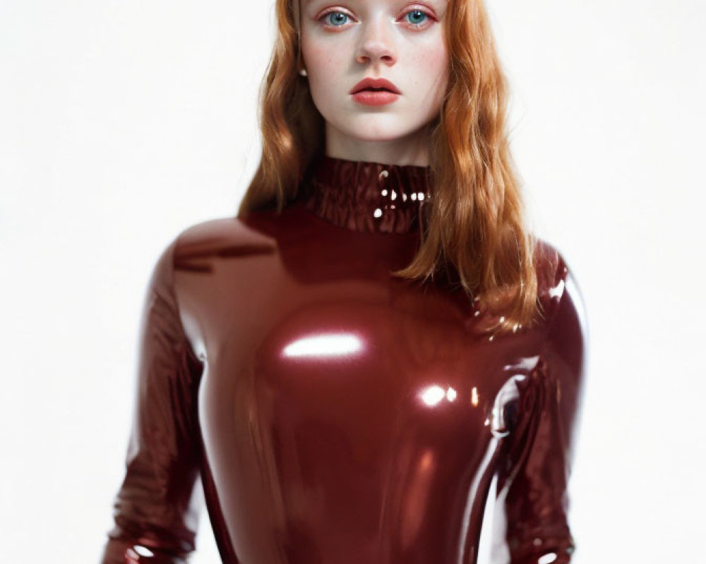 Red-haired person in maroon bodysuit with blue eyes and black gloves on light background