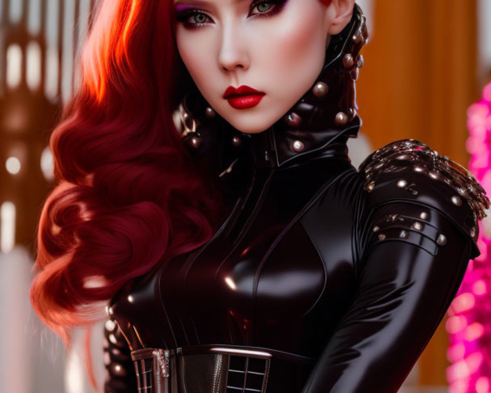 Red-haired woman in gothic makeup dons black latex suit with horns, exuding fantasy villainess