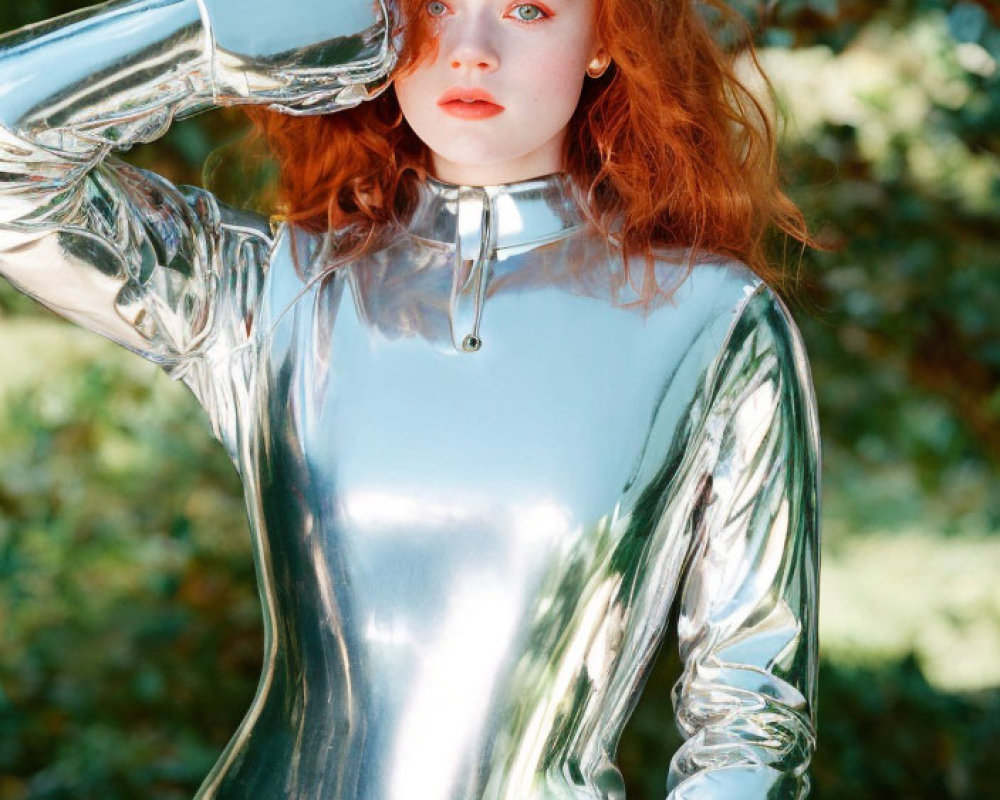 Red-Haired Person in Silver Bodysuit Amid Green Foliage