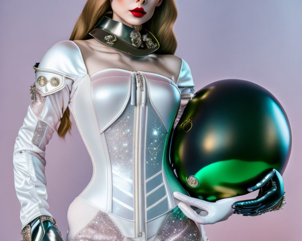 Futuristic woman in white and silver cosmic suit with pointed shoulders holding a glossy black helmet