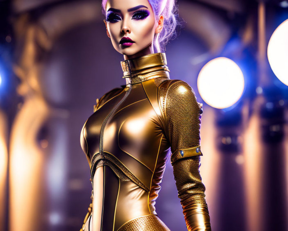 Purple-Haired Woman in Futuristic Gold Bodysuit Poses Confidently