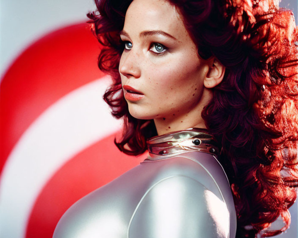 Voluminous red hair and blue eyes in metallic bodysuit pose on red and white backdrop