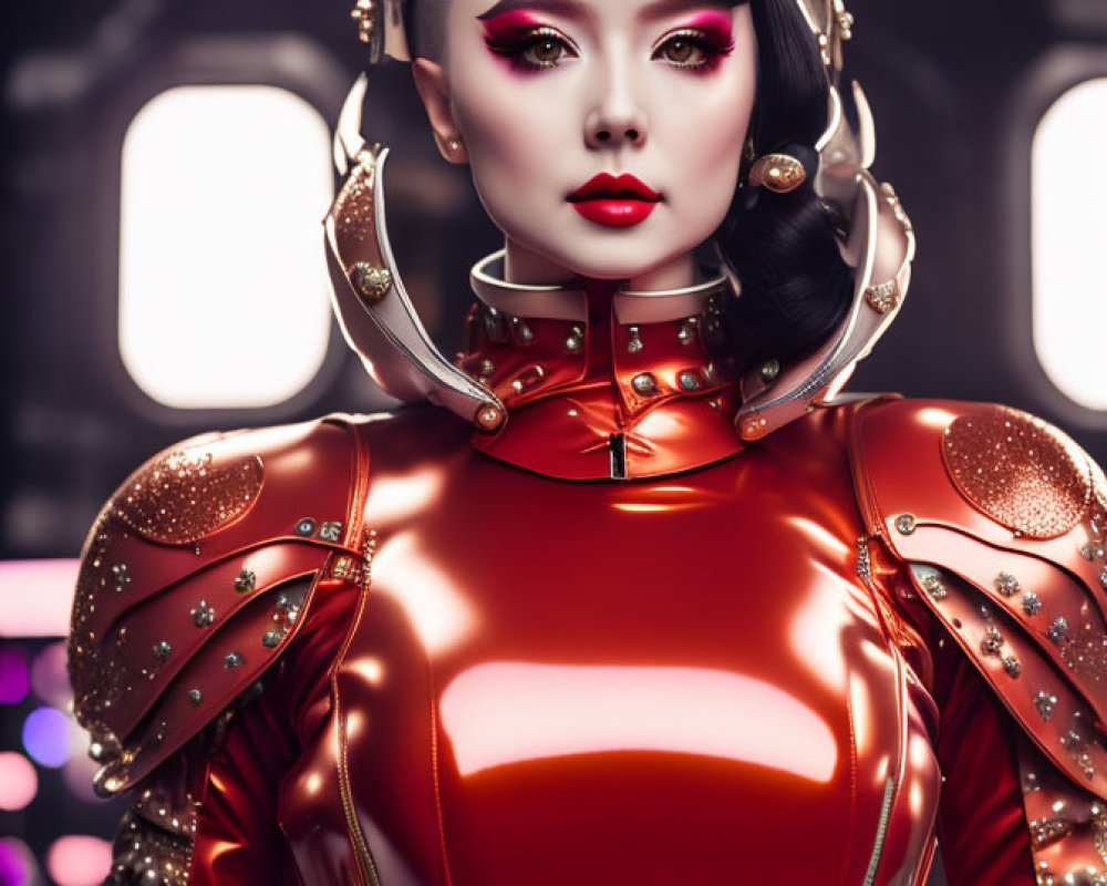 Futuristic woman in red armor with metallic shoulder embellishments