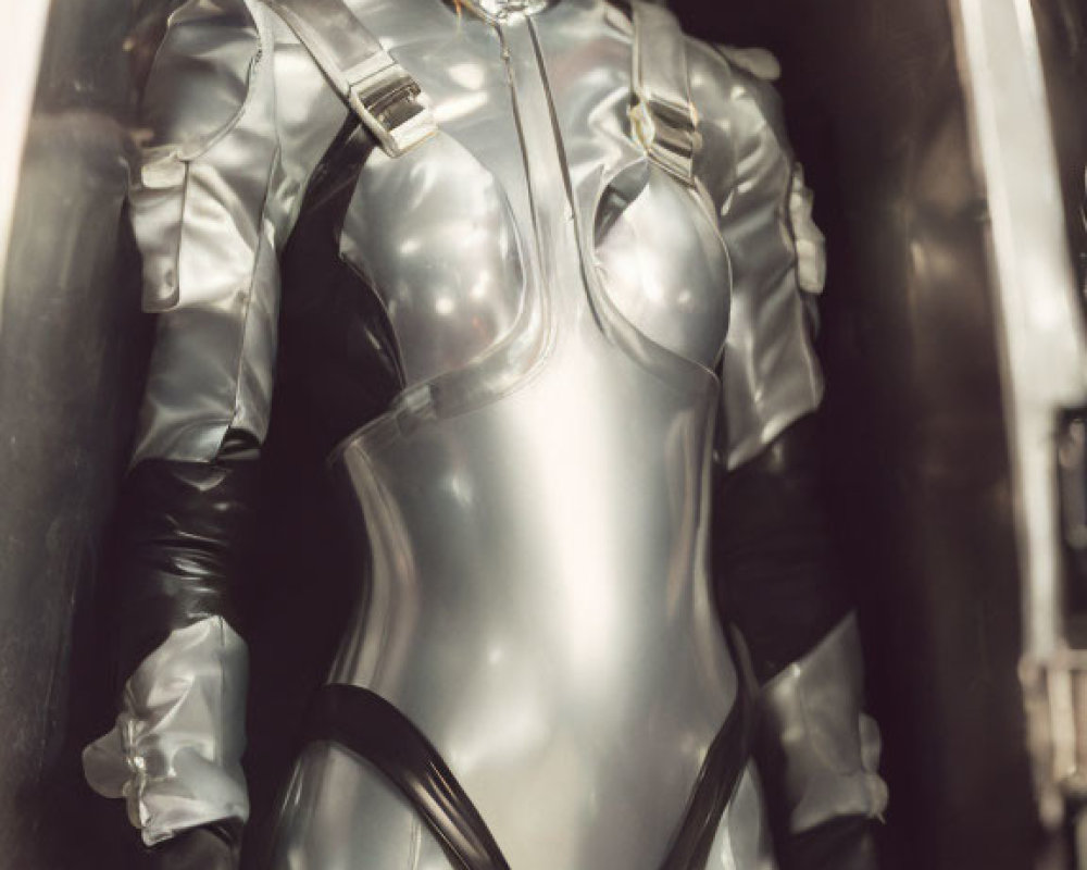 Red-haired woman in futuristic silver bodysuit in metallic setting