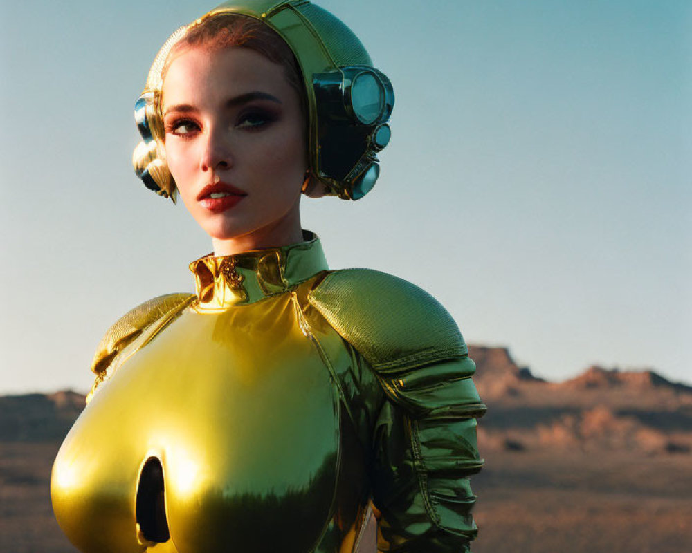 Futuristic woman in golden bodysuit and helmet in desert landscape
