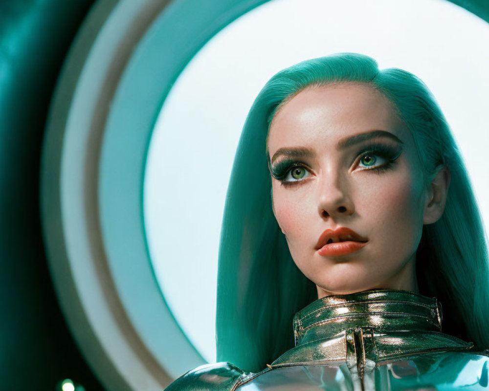 Futuristic woman in metallic clothing with abstract blue circular design
