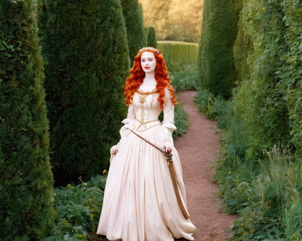 Red-haired woman in white dress and corset strolls garden path with book