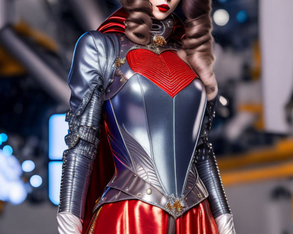 Elaborate superhero costume with metallic armor, red accents, white gloves, bold makeup, and w