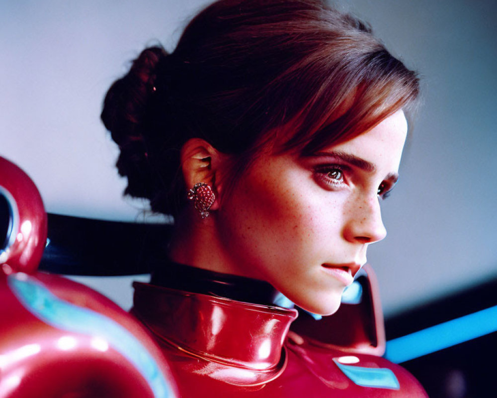 Auburn-Haired Woman in Red High-Neck Outfit with Contemplative Gaze