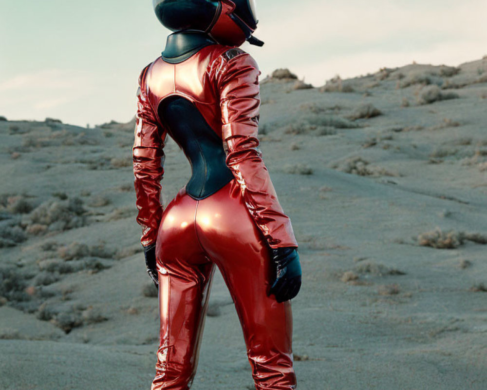 Red shiny spacesuit figure in black helmet in desert landscape