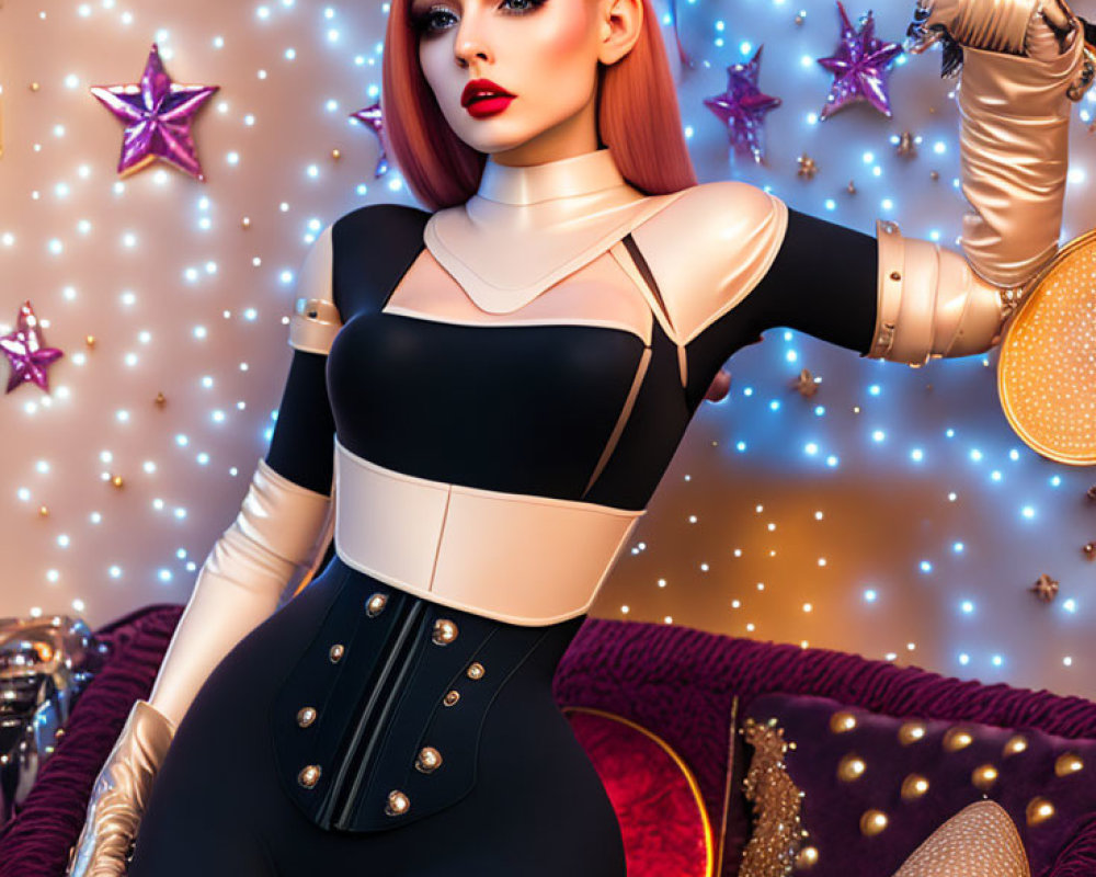 Futuristic digital artwork of red-haired woman in bodysuit on vibrant starry background