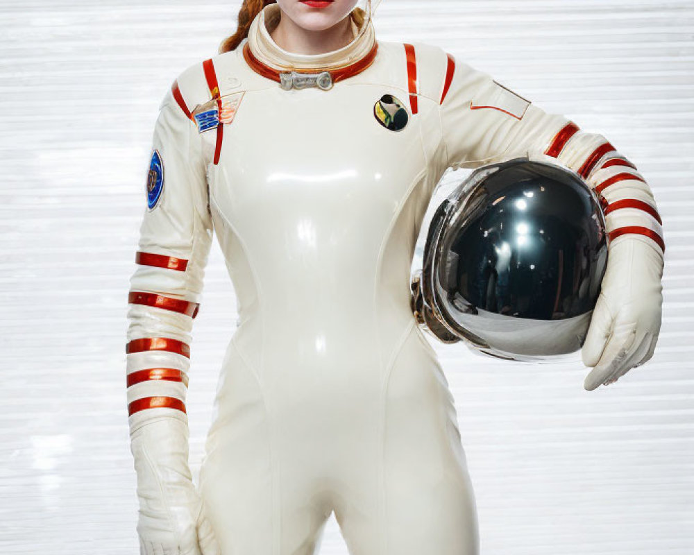Person in white and red spacesuit holding helmet against striped background