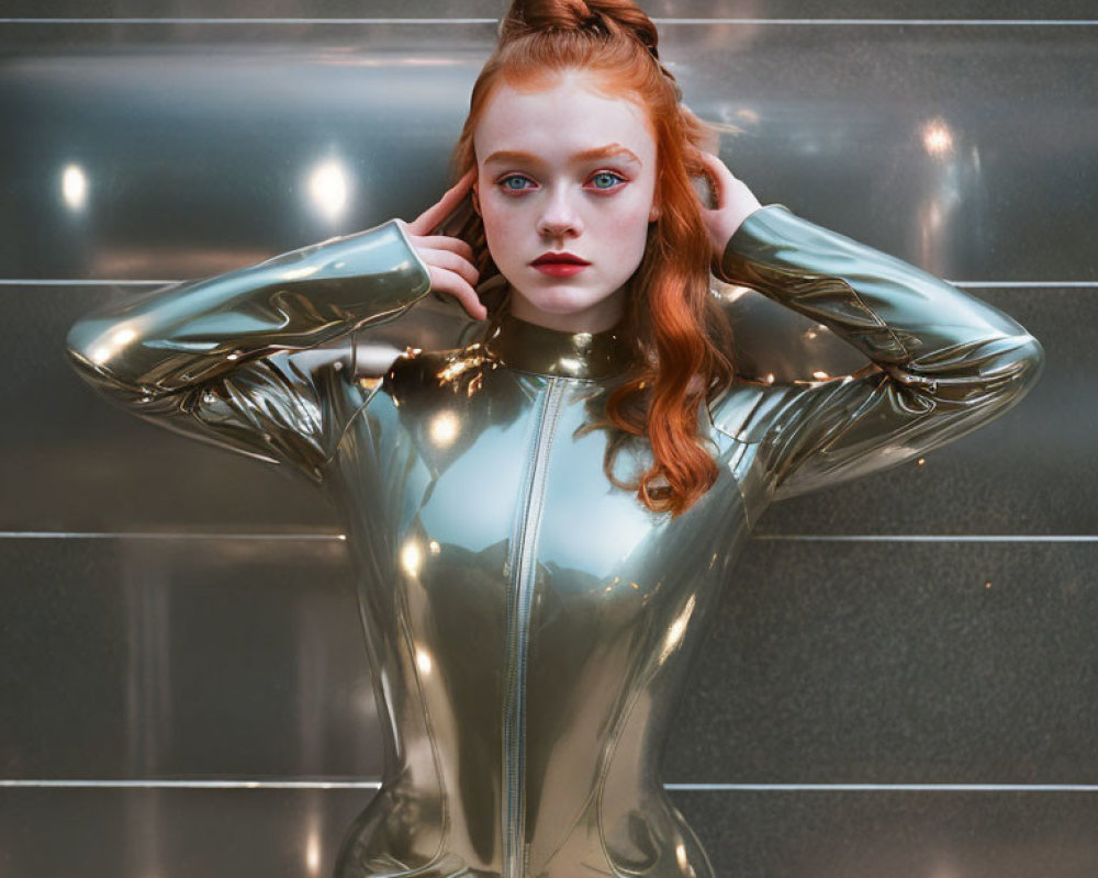 Red-haired woman in metallic bodysuit with buns against striped wall