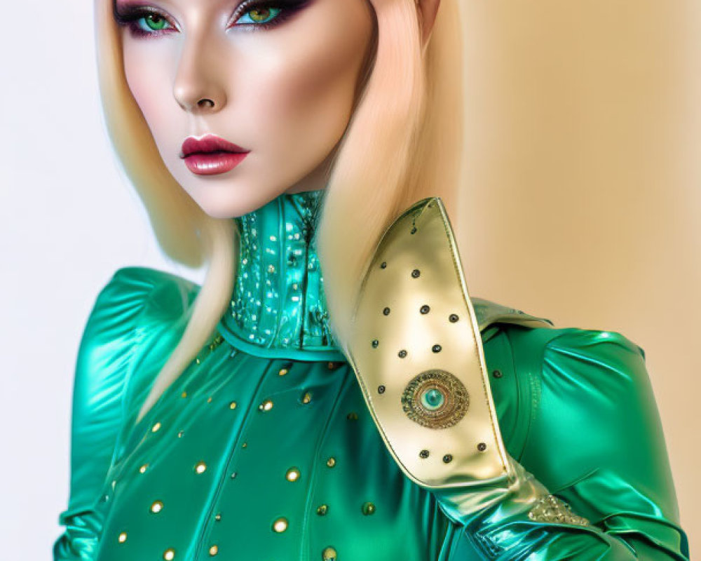 Platinum-haired woman in bold makeup and green studded outfit