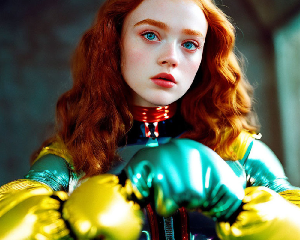 Red-haired woman in futuristic metallic suit with blue and gold colors.