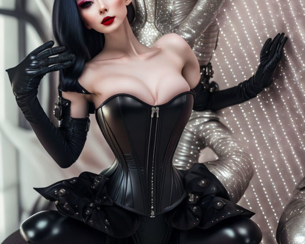 Pale-skinned figure in black corset and gloves against shimmery, futuristic backdrop