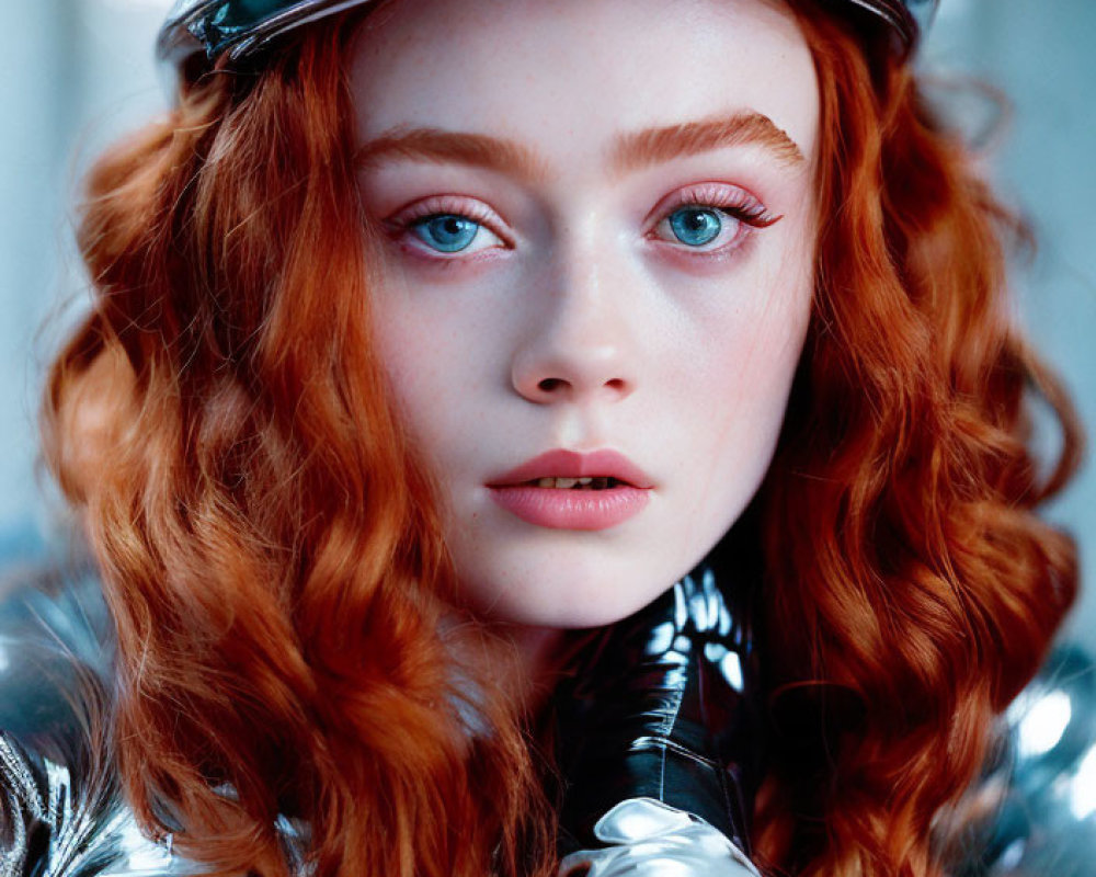 Red-haired woman in futuristic silver outfit with blue eyes and helmet