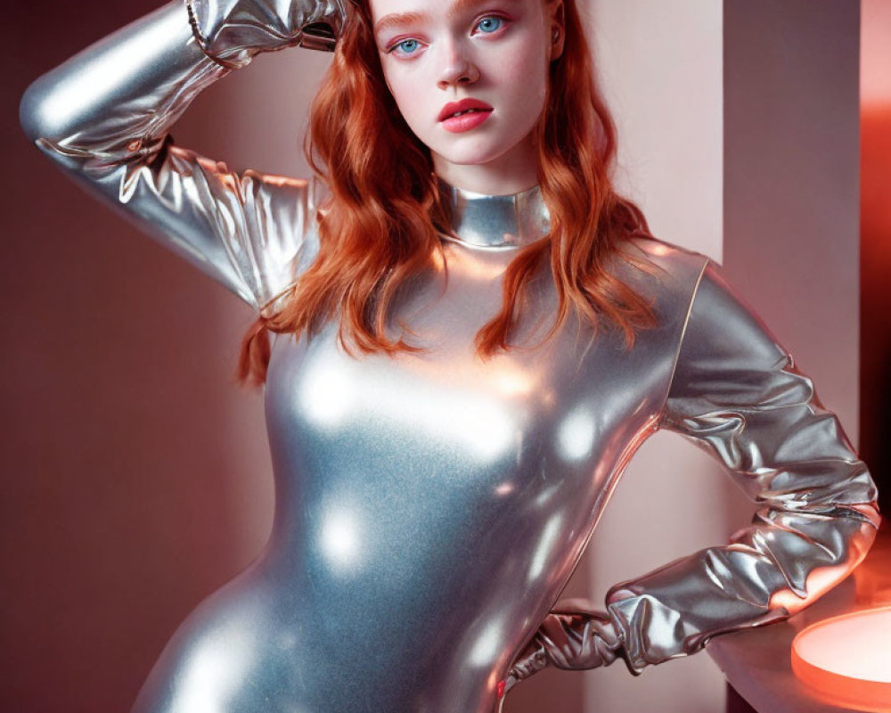 Red-haired woman in silver bodysuit poses in warmly lit room