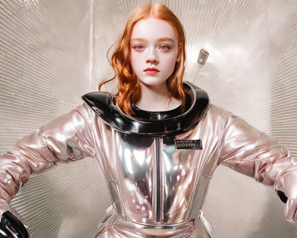 Red-haired person in silver spacesuit on metallic background