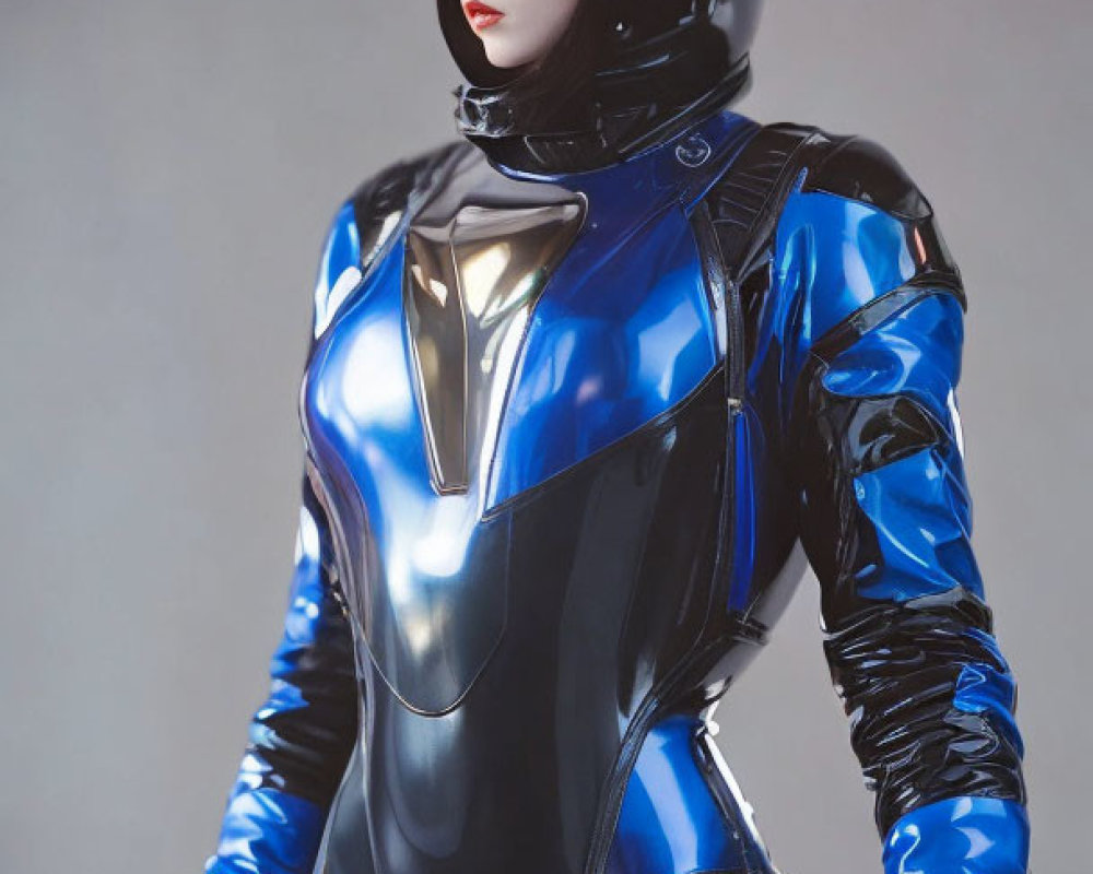 Futuristic blue and black armor suit with glossy finish and matching helmet