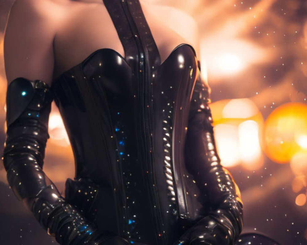 Futuristic woman in black bodysuit with blue accents poses in glowing lights