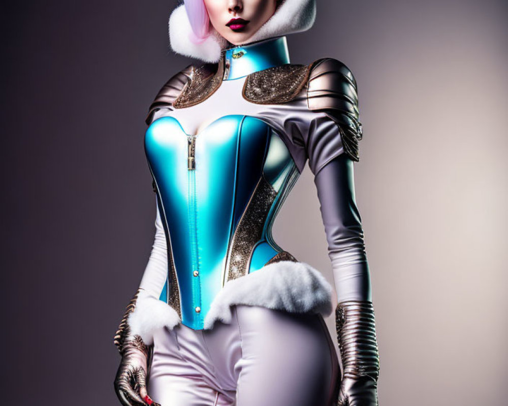 Futuristic woman in white and blue bodysuit with metallic accents