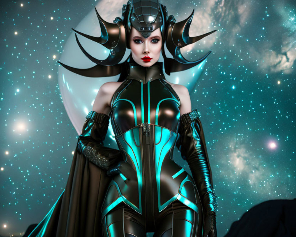 Elaborate black and teal armored female character in cosmic setting