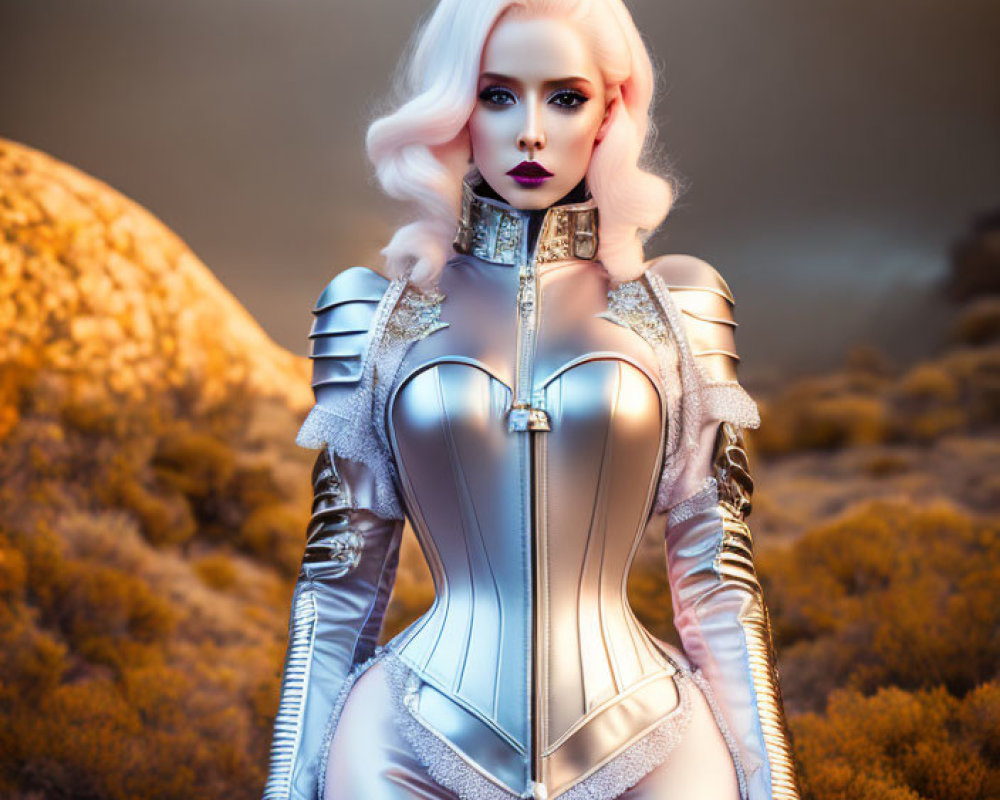 Woman in Silver Fantasy Armor Poses in Golden Landscape