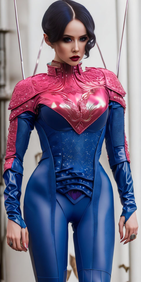 Futuristic woman in blue and pink armor with bird emblem holding puppet strings