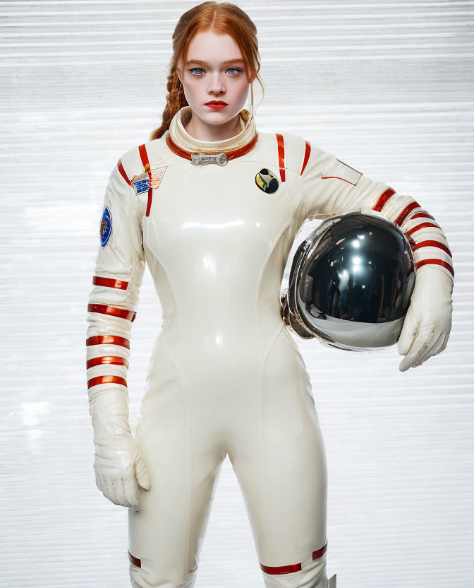 Person in white and red spacesuit holding helmet against striped background