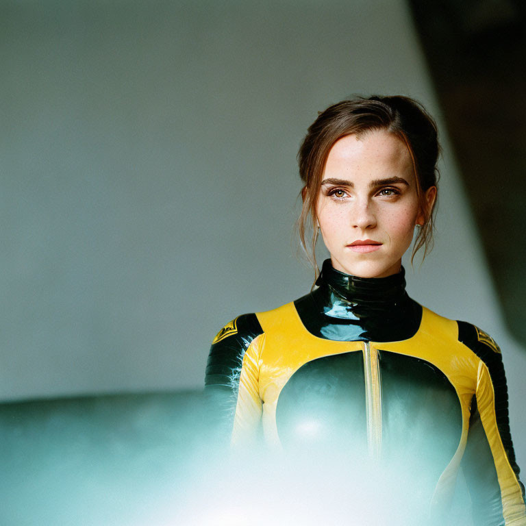 Determined woman in yellow and black suit with high collar against soft background