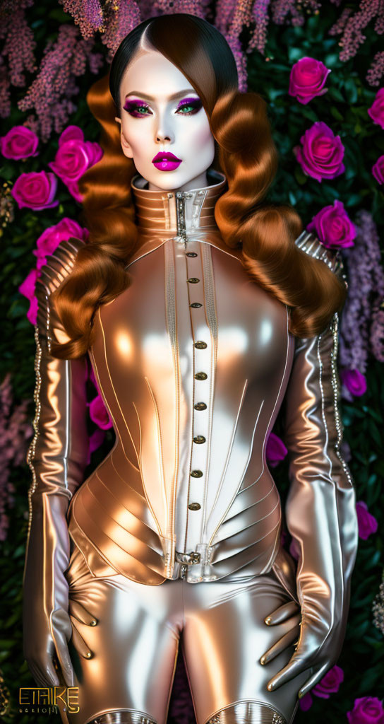 Stylized female figure in metallic attire with dramatic makeup on floral backdrop