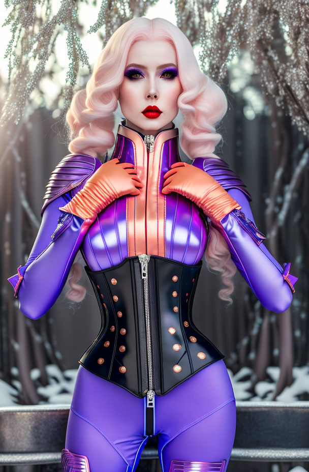 Stylized digital artwork of woman with white hair, bold makeup, in purple bodysuit on