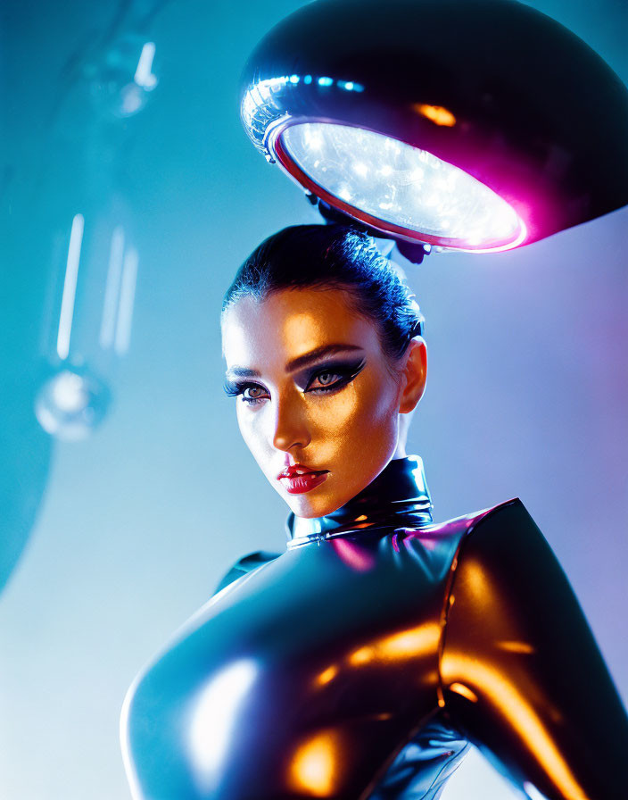 Futuristic portrait of a woman in bold makeup and shiny black outfit