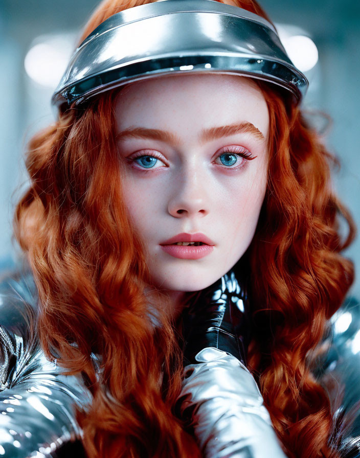 Red-haired woman in futuristic silver outfit with blue eyes and helmet