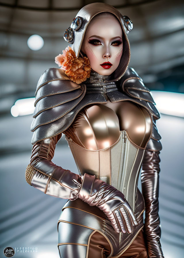 Futuristic woman in metallic costume with shoulder pads and floral hairpiece