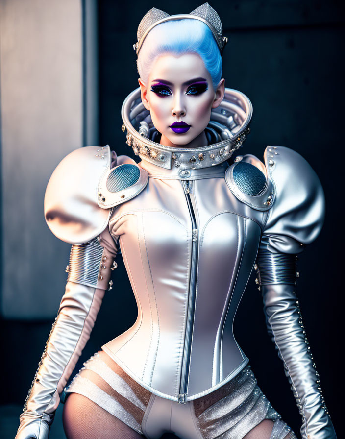 Blue-haired female in futuristic attire with high-tech, sci-fi look