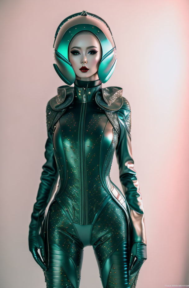 Futuristic female figure in teal spacesuit with glowing accents against pink backdrop