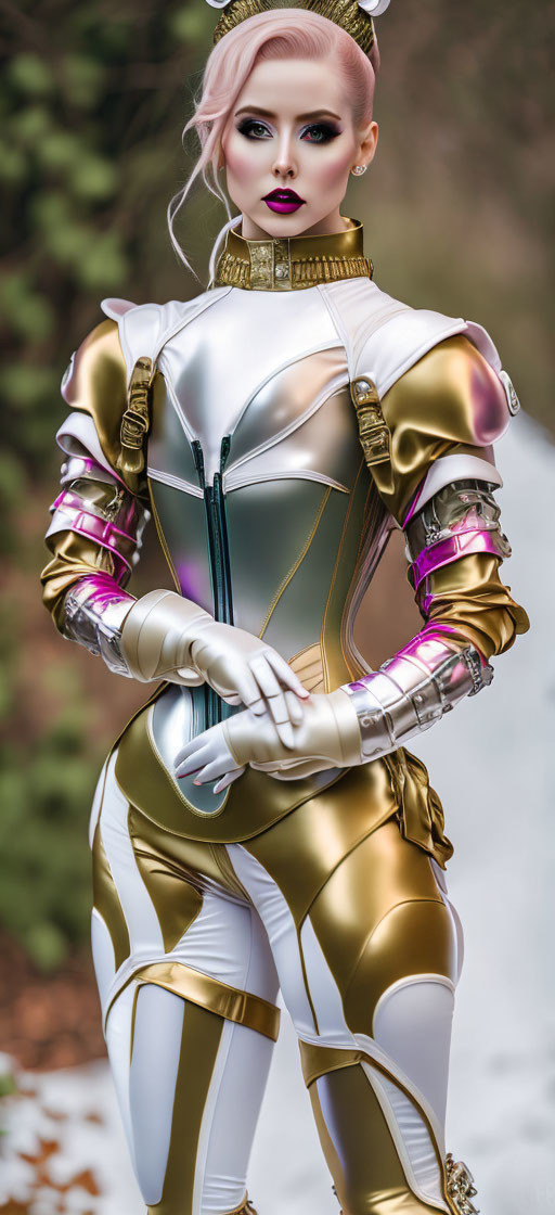 Futuristic woman in white and gold bodysuit with metallic armor posing outdoors