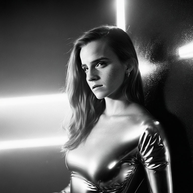 Monochrome portrait of woman with shoulder-length hair in shiny strapless top next to illuminated lines