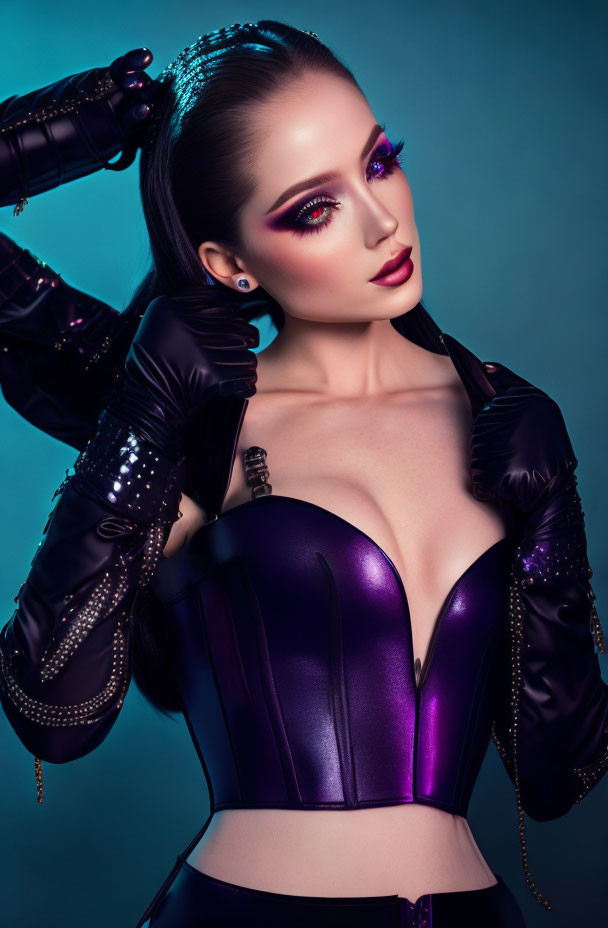 Woman in Purple Corset with Dramatic Makeup and Slicked-Back Hair