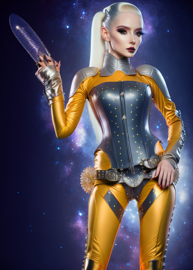 Futuristic woman with white hairstyle and golden gloves holding blade in sci-fi outfit