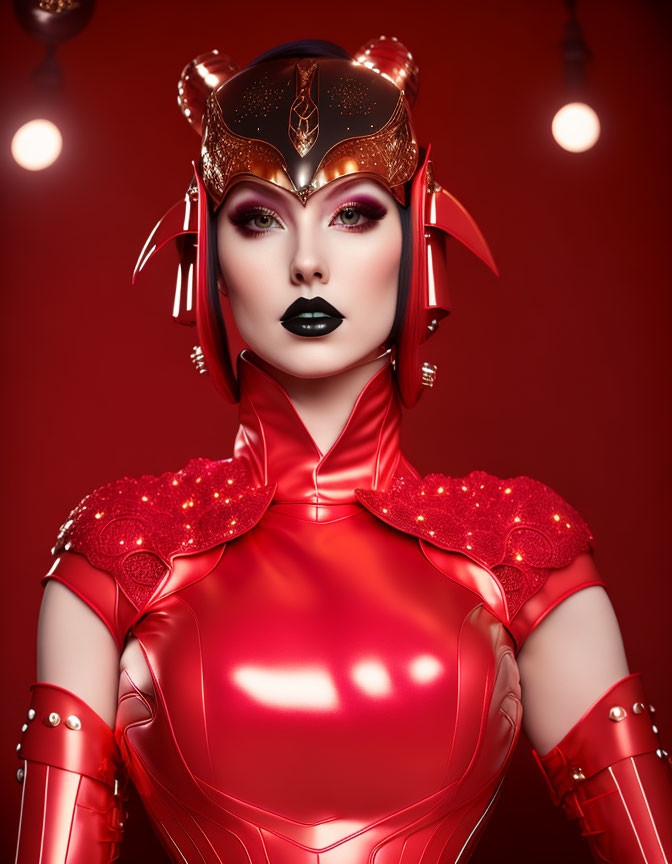Futuristic digital artwork of a woman in red armor